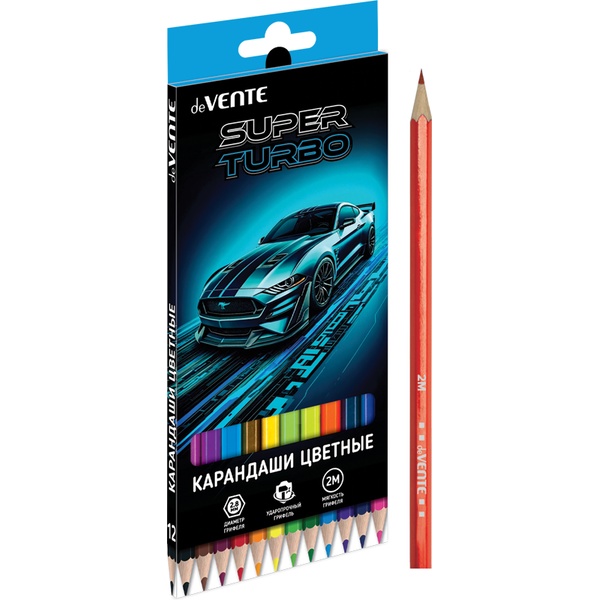 Карандаши цветные 12 шт., деревянные, шестигранные, 2М, deVENTE Super Turbo (к/к)