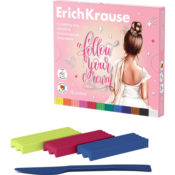 Пластилин классический ErichKrause Pointes: 12 цветов, брусок 15 г, стек (к/к)