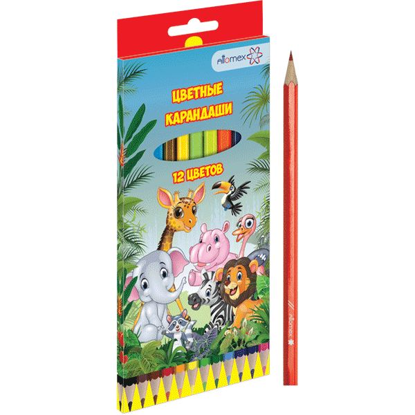 Карандаши цветные 12 шт., деревянные, шестигранные, М, Attomex Zoo (к/к)