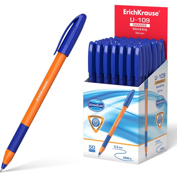 Ручка шариковая синяя, 1.0 мм, узел-игла, резин. грип, ErichKrause U-109 Stick&Grip Orange