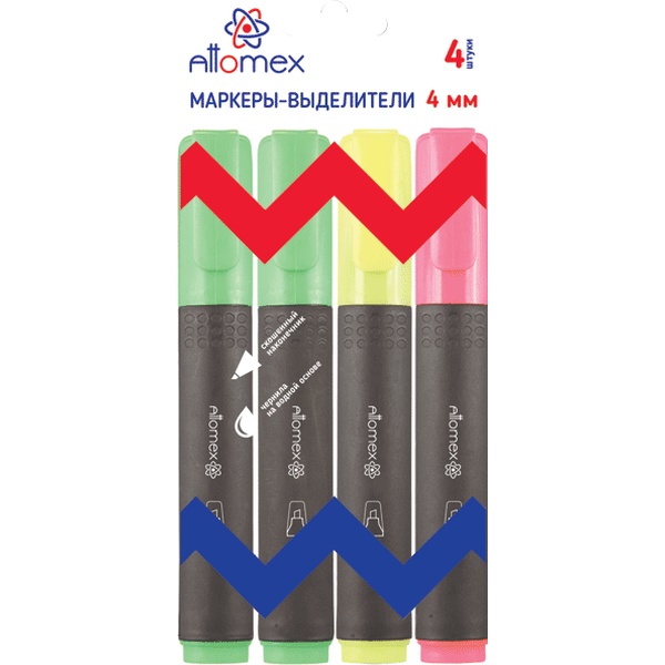Текстмаркеры 4 цвета, неоновые, ШЛ 1-4 мм, н-к "клин", Attomex