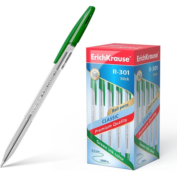 Ручка шариковая зеленая, 1.0 мм, рифл. упор, ErichKrause R-301 Stick Classic Ручка шариковая зеленая, 1.0 мм, рифл. упор, ErichKrause R-301 Stick Classic
