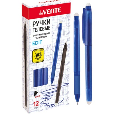Ручка "пиши-стирай" гелевая, синяя, 0.7 мм, линия 0.4 мм, резин. грип, 2 ластика, deVENTE Edit Ручка "пиши-стирай" гелевая, синяя, 0.7 мм, линия 0.4 мм, резин. грип, 2 ластика, deVENTE Edit