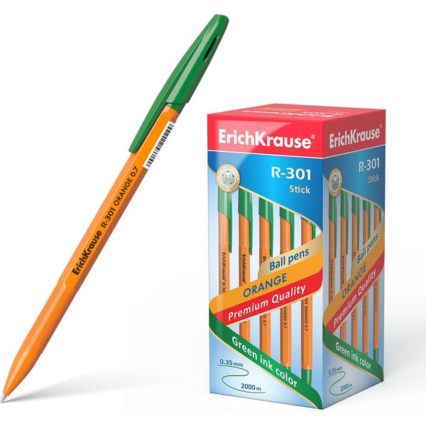 Ручка шариковая зеленая, 0.7 мм, узел Standard, грип, ErichKrause R-301 Stick Orange