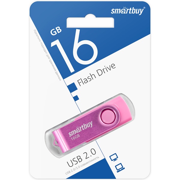 Флеш-накопитель USB 2.0, 16 ГБ, Smartbuy Twist_розовый