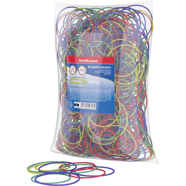 Резинки банковские канцелярские, Ø60 мм, 500 г (п/п), каучук 70% , микс цветов, ErichKrause