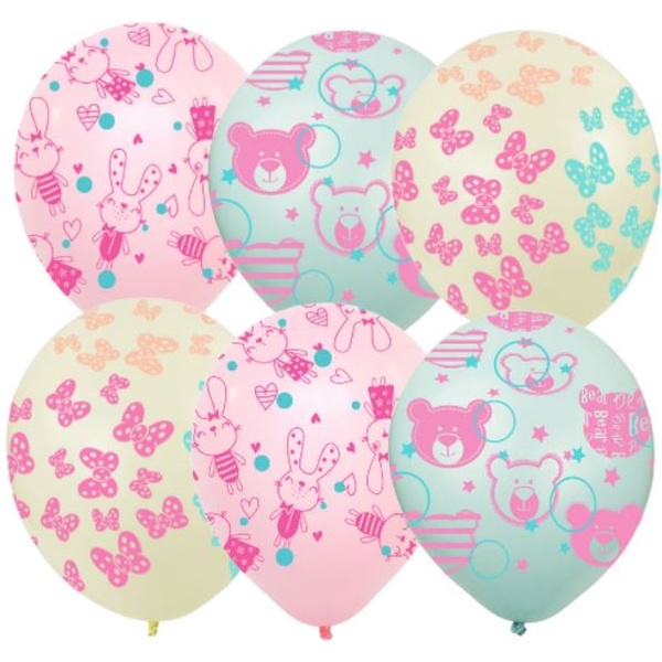 Шары воздушные детские, Ø30 см, латекс, 5-ст. рис., ПАСТЕЛЬ Зайки и Мишки (25 шт.)