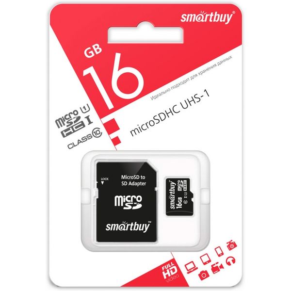 Карта памяти micro SDHC 16 Гб, UHS-1 (class 10), R/W: 30/18 Мб/с, адаптер, Smartbuy