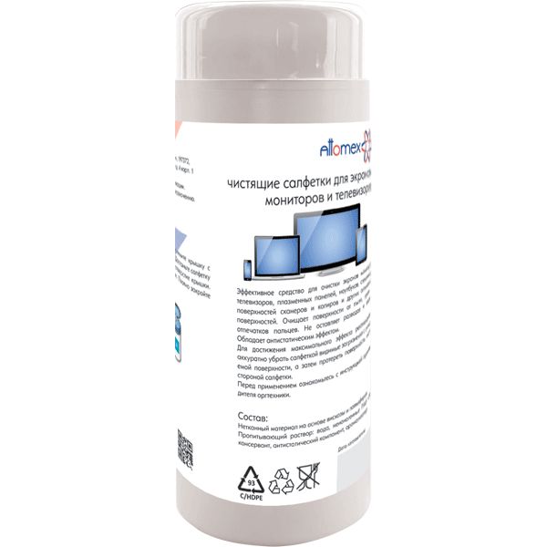Салфетки чистящие для экранов и мониторов Attomex, 100 шт., нетканый материал, в тубусе
