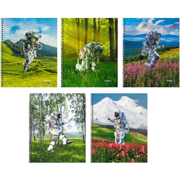 Тетрадь на гребне, 60 л., линия, 60 г/м², обл. мел. картон, глянц. лам., Listoff Приземление_5 дизайнов