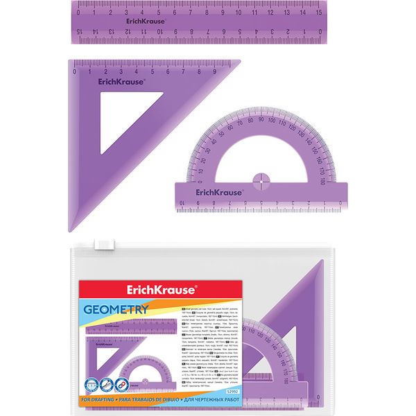 Инструменты чертежные 3 предм.: лин. 15, угол. 45°/9, трансп. 10, ErichKrause Standard (прозр. сиреневый)