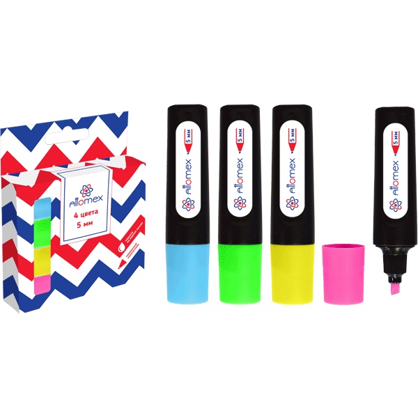 Текстмаркеры 4 цвета, неоновые, ШЛ 1-5 мм, н-к "клин", Attomex