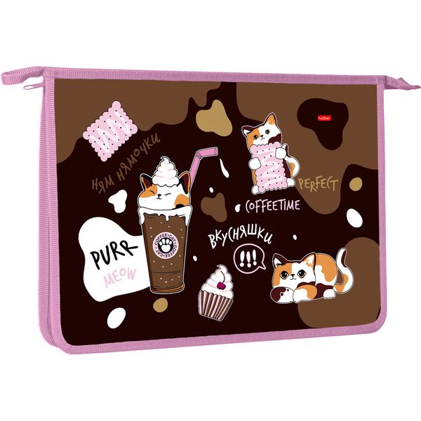 Папка А4 на молнии, 1 отд., PP 500 мкм, "песок", непрозр., Hatber Coffee Time