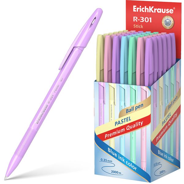 Ручка шариковая синяя, 0.7 мм, узел Standard, грип, ErichKrause R-301 Stick Pastel (ассорти)