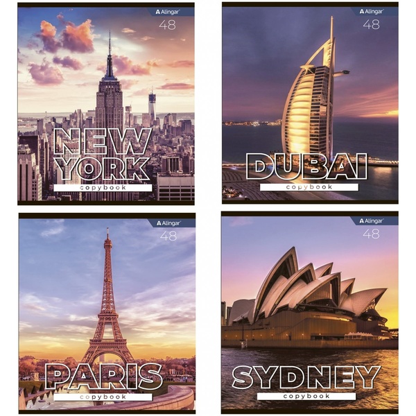 Тетрадь А5, клетка, 48 л., на скобе, 60 г/м², Alingar Capitals_4 дизайна