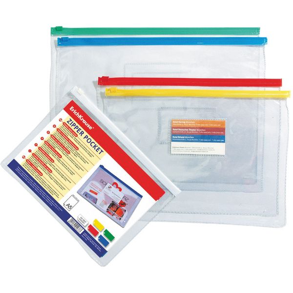Папка-конверт на zip-молнии, А4, PVC 140 мкм, прозрачная, глянц., ErichKrause PVC Zip Pocket_ассорти