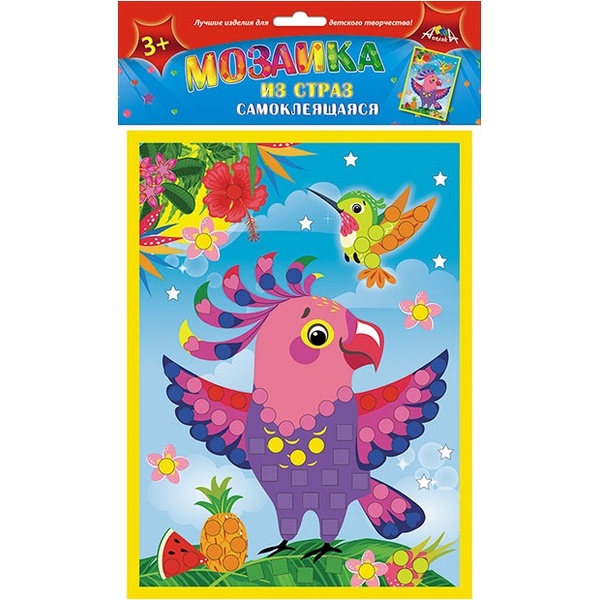 Мозаика из страз А4. АППЛИКА Веселый попугай, самокл. эл-ты, 3+