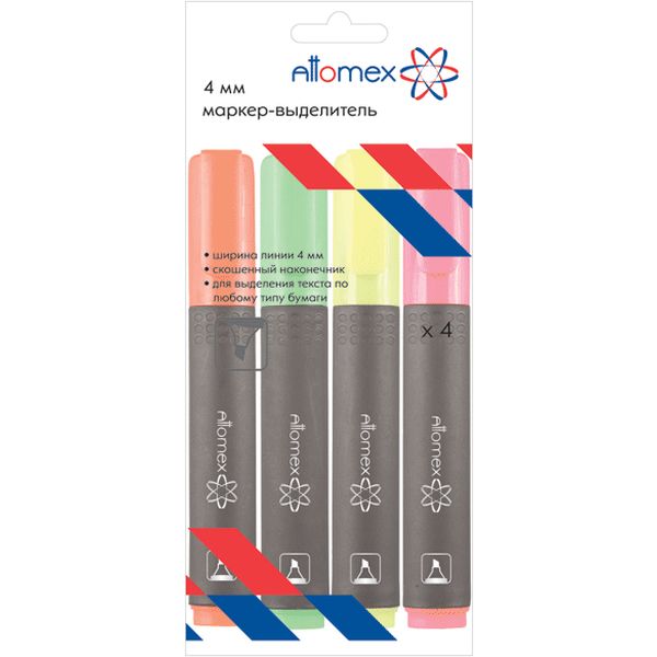 Текстмаркеры 4 цвета, неоновые, ШЛ 1-4 мм, н-к "клин", Attomex