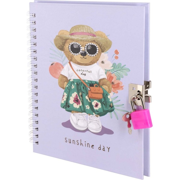 Блокнот с замочком, B6, 45 л., клетка, гребень, обл. 7БЦ, Alingar Модный медвежонок