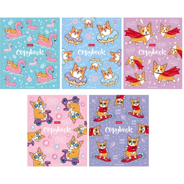 Тетрадь А5, клетка, 48 л., на скобе, 60 г/м², Hatber Забавные корги_5 дизайнов