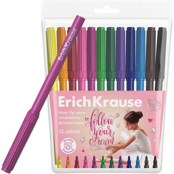 Фломастеры 12 цветов ErichKrause Pointes Washable, смываемые, чернила на в/о, вентилируемый колпачок