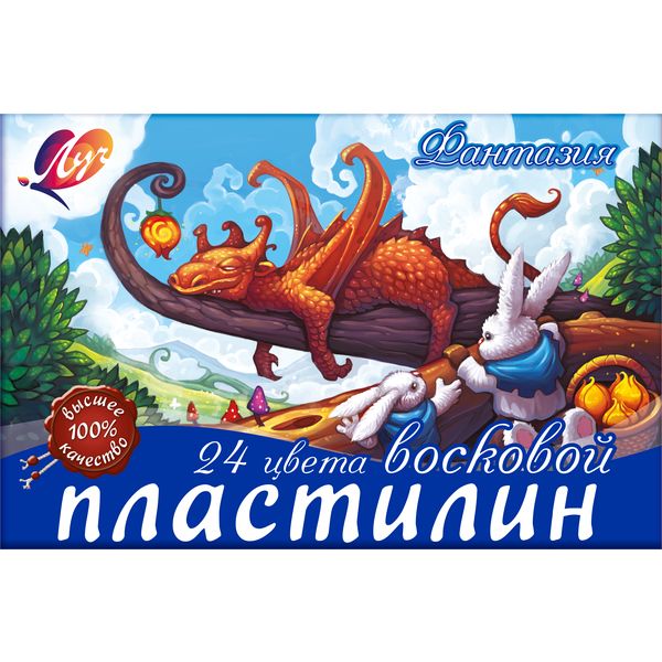Пластилин восковой ЛУЧ Фантазия: 24 цвета, брусок 15 г, стек (к/к)
