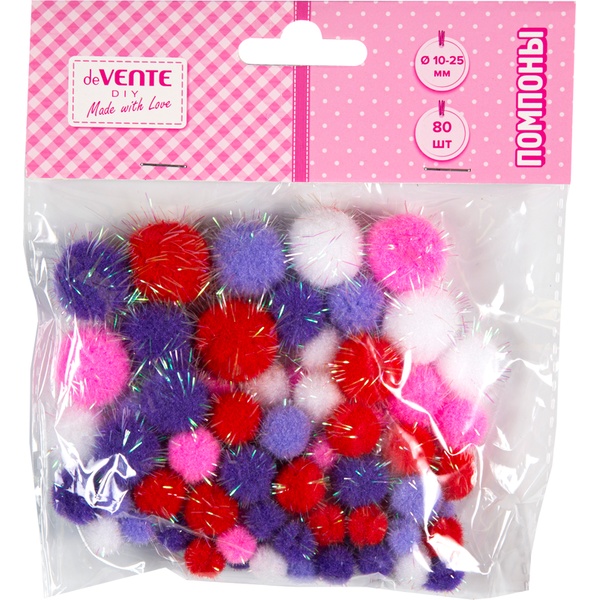 Помпоны Ø 10/13/20/25 мм, с люрексом, микс цветов, 80 шт., deVENTE DIY 