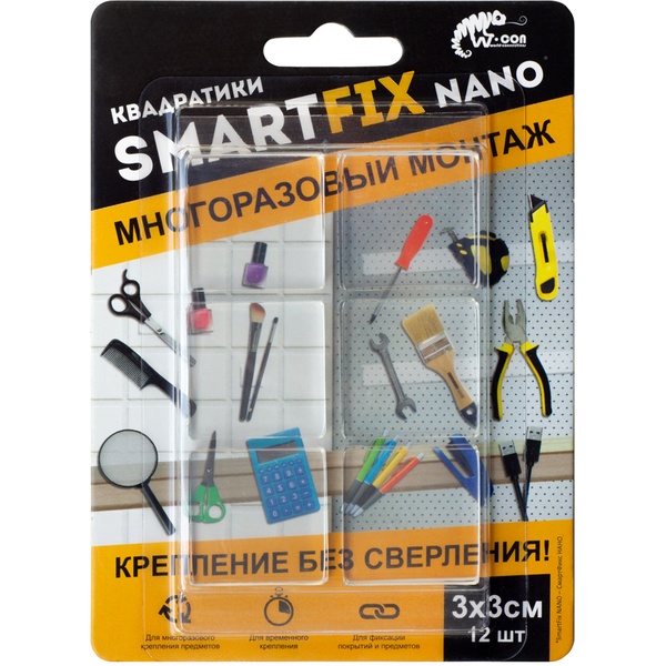 Квадратики для многоразового монтажа, 12 шт. (30*30 мм), прозрачные, SmartFix NANO