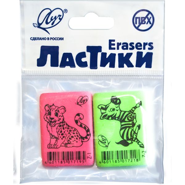 Ластик ЛУЧ Zoo (набор 2 шт.), TPR, прямоугольный, 35*25*8 мм, 3 дизайна