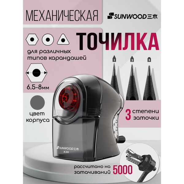 Точилка механическая SUNWOOD, 1 отв. 6-8мм, контейнер, корпус прозрачный черный