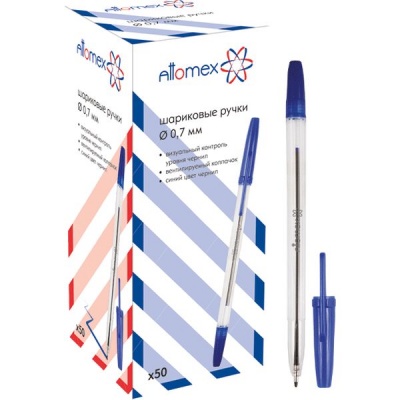 Ручка шариковая синяя, 0.7 мм, прозр. шестигран. корп., Attomex (Crystal)