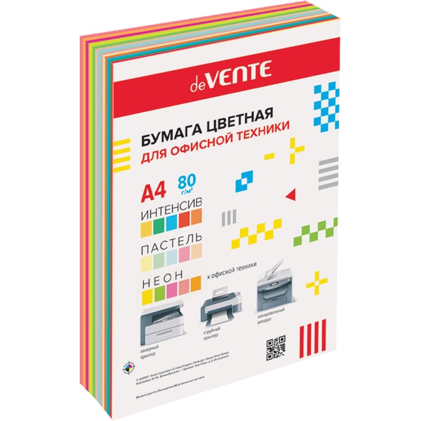 Бумага цветная А4/75-80/90 л., 5 интенсив + 5 пастельн. + 5 неон., deVENTE MIX 15 (на картон. подложке)