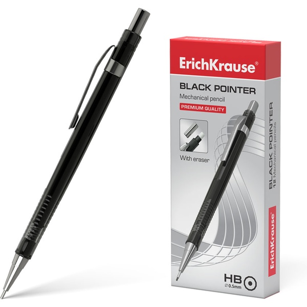 Карандаш механический 0.5 мм, НВ, ErichKrause Black pointer, шестигран., рифленый грип, клип, ластик Карандаш механический 0.5 мм, НВ, ErichKrause Black pointer, шестигран., рифленый грип, клип, ластик