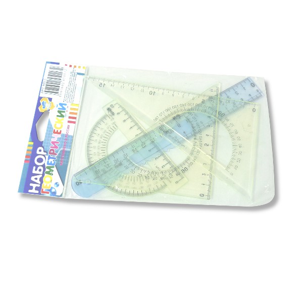 Инструменты чертежные 4 предм.: лин. 20, угол. 45°/12 и 30°/17, трансп. 10, ПЧЕЛКА (прозрачные)