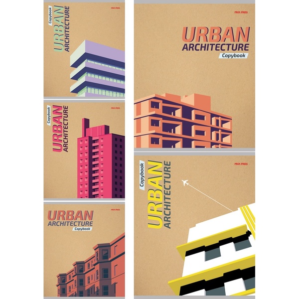 Тетрадь А5, клетка, 48 л., на скобе, 60 г/м² крафт-картон, Prof-Press Архитектурный микс_5 дизайнов 