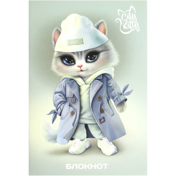 Блокнот на скобе А6+, 40 л., точка, 65 г/м², софт-тач, ФЕНИКС+ Кошечка в плаще