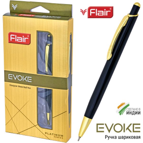 Ручка шариковая подарочная Flair Evoke, нажимной м-м, цв. корпуса черный/золото, 0.7мм, синяя