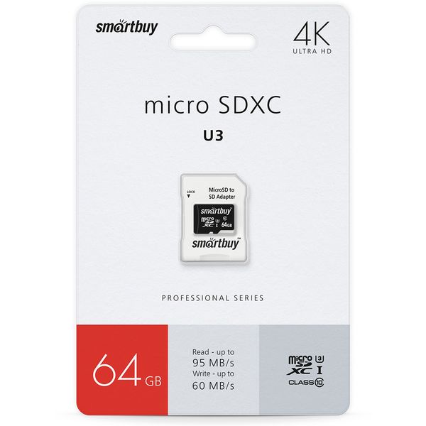Карта памяти micro SDXC 64 Гб, U3 (class 10), R/W: 95/60 Мб/с, 4K Ultra HD, адаптер, Smartbuy Pro