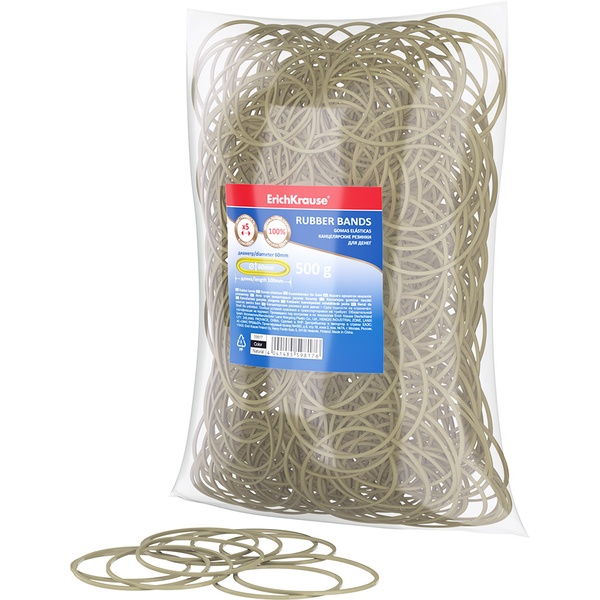 Резинки банковские канцелярские, Ø60 мм, 500 г (п/п), каучук 100% , цв.: натур., ErichKrause