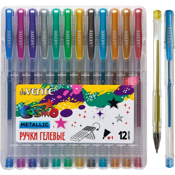Ручки гелевые, набор 12 шт./12 цв., Ø 1.0 мм, лин. 0.45 мм, deVENTE Cosmo Metallic