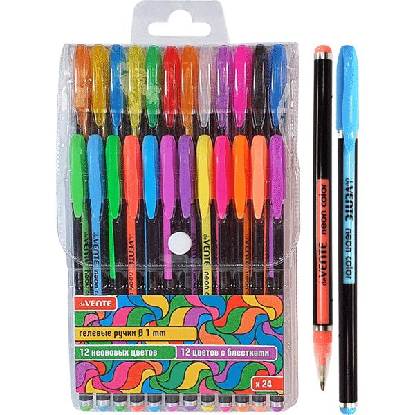 Ручки гелевые, набор 24 шт./24 цв. (неон., блест.), Ø 1.0 мм, лин. 0.45 мм, deVENTE 