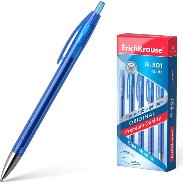 Ручка гелевая автомат., синяя, лин. 0.4 мм, ДП 500 м, рифл. грип, ErichKrause R-301 Original Gel Matic