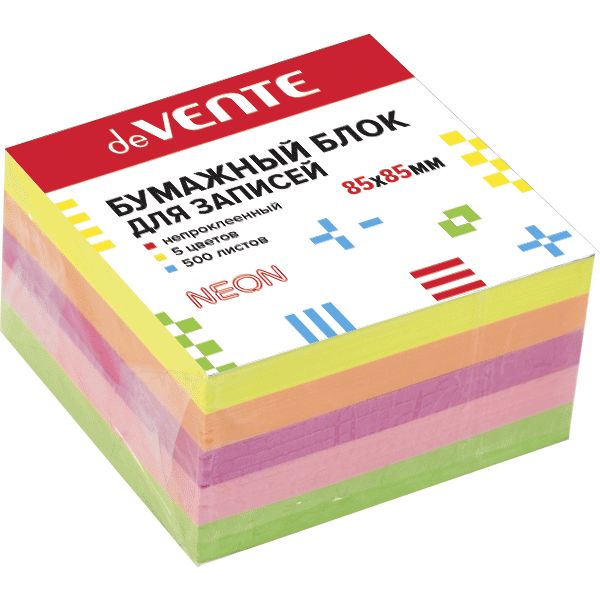 Бумага для заметок 8.5*8.5 см, 500 л., без склейки, 5 цветов (неон.), 80 г/м2, deVENTE