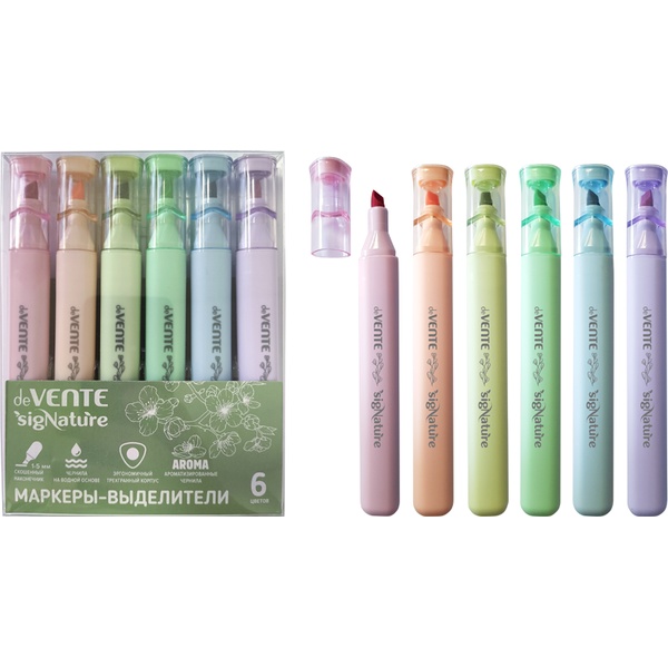 Текстмаркеры 6 цветов, ароматизированные, ШЛ 1-5 мм, н-к "SOFT TIP", трёхгранный корпус, deVENTE Triolino