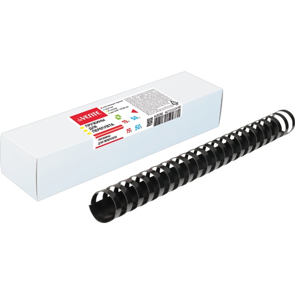 Пружина для переплета пластиковая, Ø19 мм, круглая, сшивает до 160 л., черная, 50 шт/уп, deVENTE