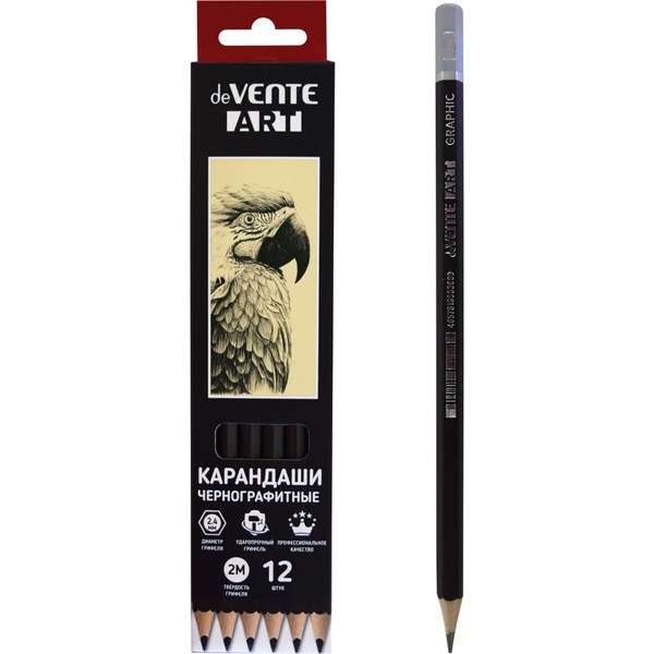 Карандаш чернографитный, 2М/2В, деревянный, шестигранный, черный, deVENTE Art
