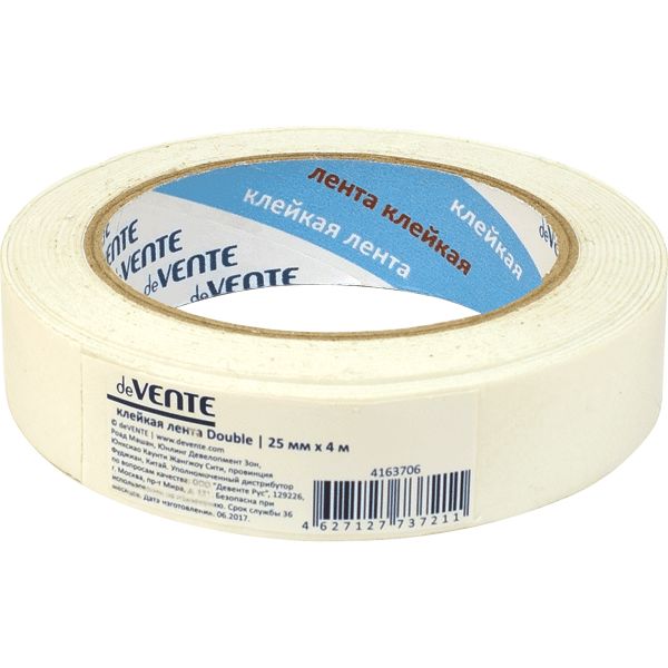 Лента клейкая 2-сторонняя, 25 мм * 4 м, 100 мкм, вспененная основа, картон. втулка, deVENTE Double
