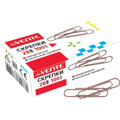 Скрепки 28 мм, омедненные, овальные, 100 шт., к/к, deVENTE