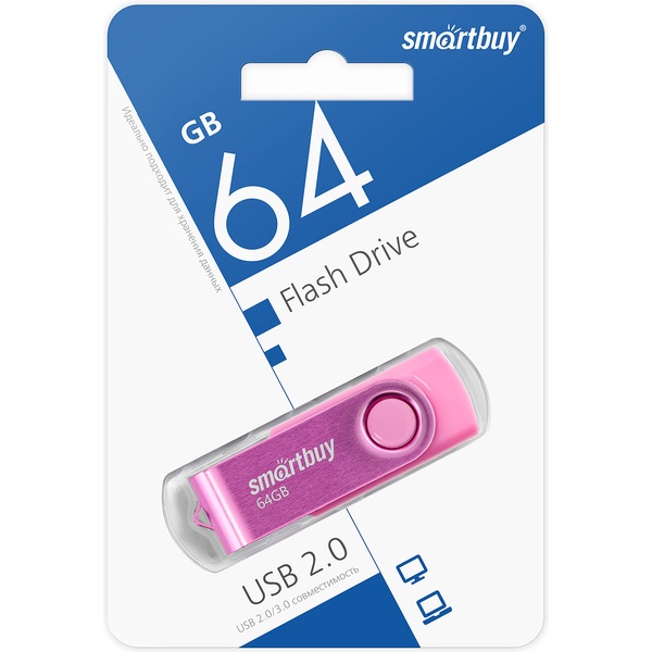 Флеш-накопитель USB 2.0, 64 ГБ, Smartbuy Twist_розовый