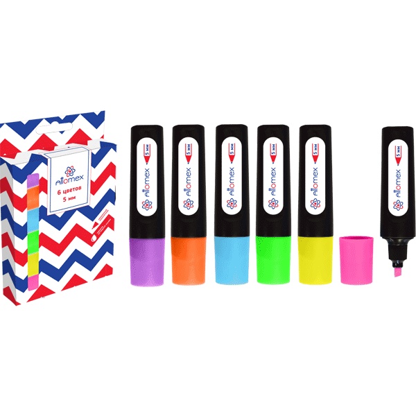 Текстмаркеры 6 цветов, неоновые, ШЛ 1-5 мм, н-к "клин", Attomex